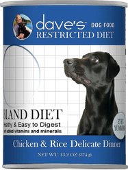 Dave's Pet Food Restricted Bland Diet Sensitive Stomach Digestive Care Chicken & Rice Canned Wet Dog Food, 13.2-oz, case of 24