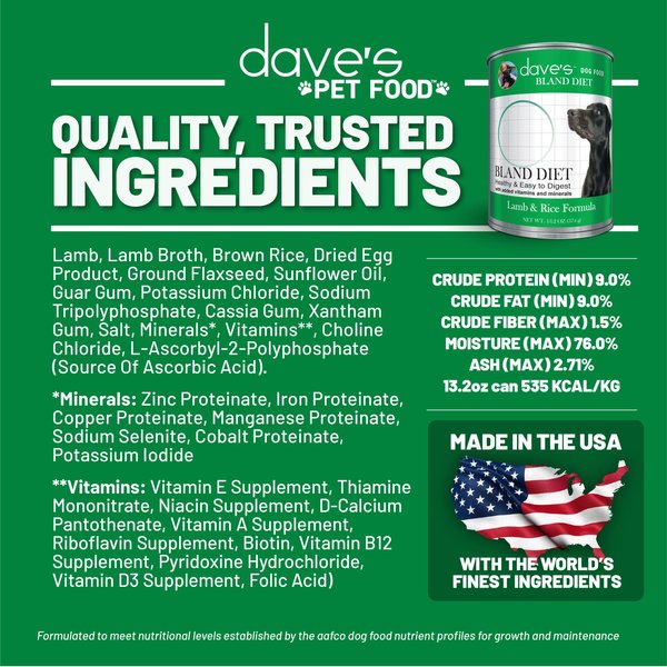 Dave's Pet Food Restricted Bland Diet Sensitive Stomach Digestive Care Lamb & Rice Canned Wet Dog Food, 13.2-oz, case of 12