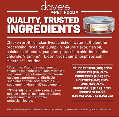 Show full view: Dave's Pet Food Restricted Diet Phosphorus Chicken Liver & Chicken in Juice Pate Wet Canned Cat Food, 5.5-oz, case of 24 slide 7 of 12