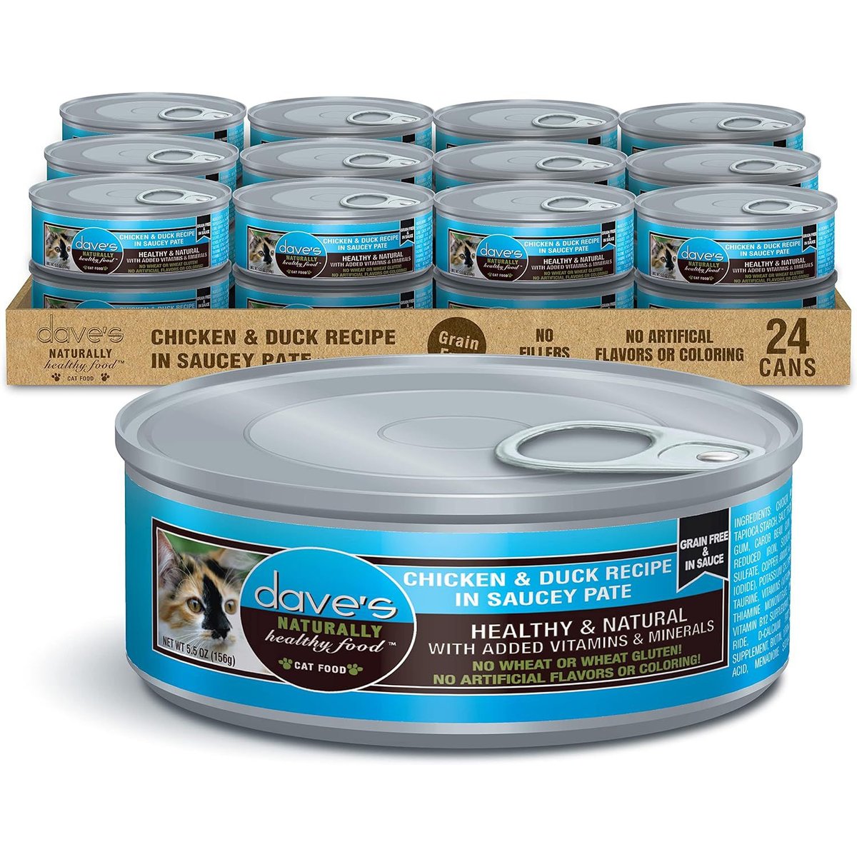 Dave's Pet Food Saucey Pate Chicken & Duck Recipe Grain-Free Canned Wet Cat Food, 5.5-oz can, case of 24