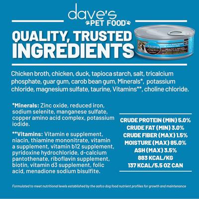 Show full view: Dave's Pet Food Saucey Pate Chicken & Duck Recipe Grain-Free Canned Wet Cat Food, 5.5-oz can, case of 24 slide 6 of 10