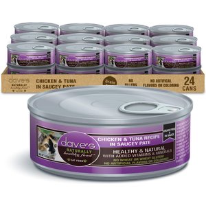 Dave's Pet Food Saucey Pate Chicken & Tuna Recipe Grain-Free Canned Wet Cat Food, 5.5-oz can, case of 24