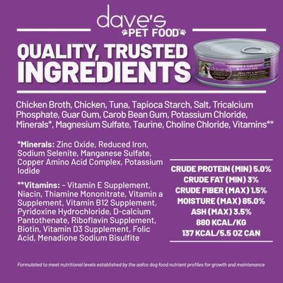 Show full view: Dave's Pet Food Saucey Pate Chicken & Tuna Recipe Grain-Free Canned Wet Cat Food, 5.5-oz can, case of 24 slide 6 of 9