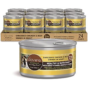 Dave's Pet Food Shredded Chicken & Beef Dinner in Gravy Recipe Grain-Free Canned Wet Cat Food, 2.8-oz can, case of 24