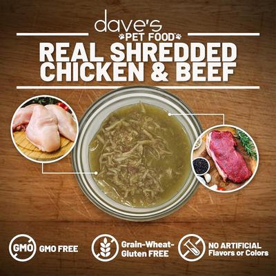 Show full view: Dave's Pet Food Shredded Chicken & Beef Dinner in Gravy Recipe Grain-Free Canned Wet Cat Food, 2.8-oz can, case of 24 slide 5 of 10