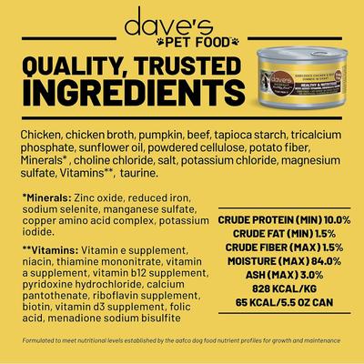 Show full view: Dave's Pet Food Shredded Chicken & Beef Dinner in Gravy Recipe Grain-Free Canned Wet Cat Food, 2.8-oz can, case of 24 slide 6 of 10