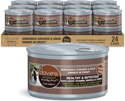 Dave's Pet Food Shredded Chicken & Duck Dinner in Gravy Recipe Grain-Free Canned Wet Cat Food, 2.8-oz can, case of 24