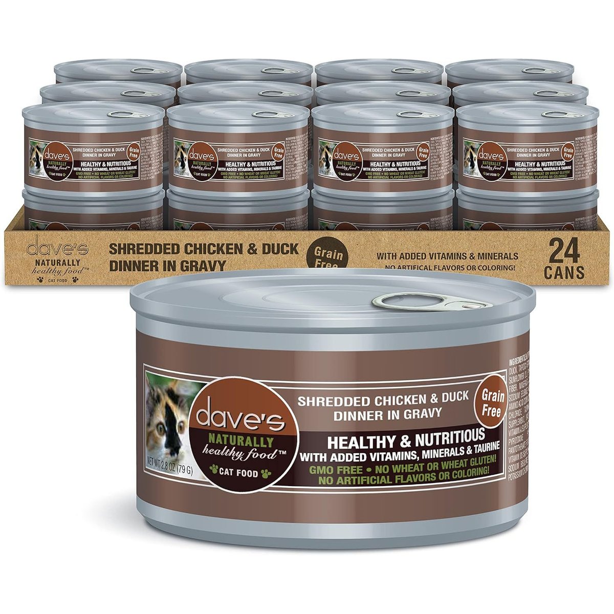 Dave's Pet Food Shredded Chicken & Duck Dinner in Gravy Recipe Grain-Free Canned Wet Cat Food, 2.8-oz can, case of 24