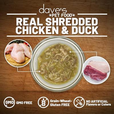 Show full view: Dave's Pet Food Shredded Chicken & Duck Dinner in Gravy Recipe Grain-Free Canned Wet Cat Food, 2.8-oz can, case of 24 slide 5 of 9
