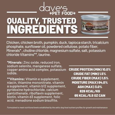 Show full view: Dave's Pet Food Shredded Chicken & Duck Dinner in Gravy Recipe Grain-Free Canned Wet Cat Food, 2.8-oz can, case of 24 slide 6 of 9