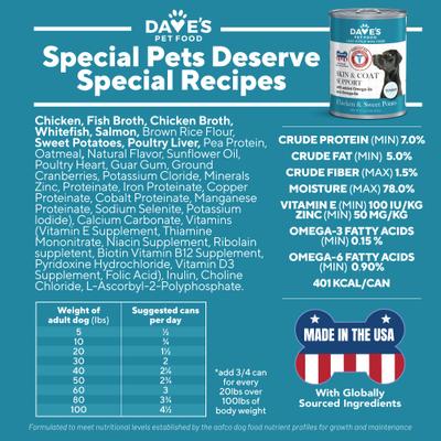 Show full view: Dave's Pet Food Skin & Coat Support Chicken & Sweet Potato Recipe Pate Wet Canned Dog Food, 13.2-oz can, case of 12 slide 8 of 12