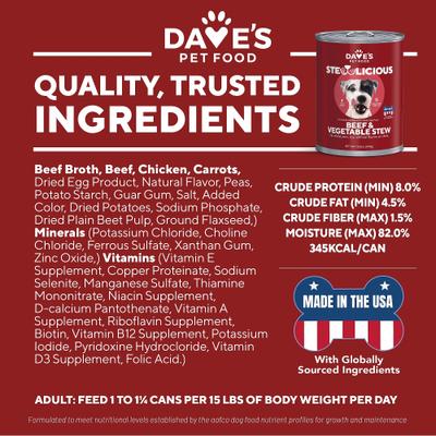 Show full view: Dave's Pet Food Stewlicious Beef & Vegetable Stew. Grain-Free Canned Wet Dog Food, 13.2-oz, case of 12 slide 6 of 10