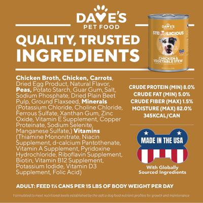 Show full view: Dave's Pet Food Stewlicious Chicken & Vegetable Stew Grain-Free Canned Wet Dog Food, 13.2-oz, case of 12 slide 6 of 9
