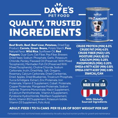 Show full view: Dave's Pet Food Stewlicious Meaty Beefy Stew, Grain-Free Canned Wet Dog Food, 13.2-oz can, case of 12 slide 7 of 11