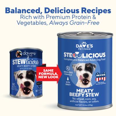 Show full view: Dave's Pet Food Stewlicious Meaty Beefy Stew, Grain-Free Canned Wet Dog Food, 13.2-oz can, case of 12 slide 3 of 11