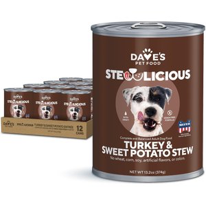 Dave's Pet Food Stewlicious Turkey & Sweet Potato Stew, Grain-Free Canned Wet Dog Food, 13.2-oz, case of 12
