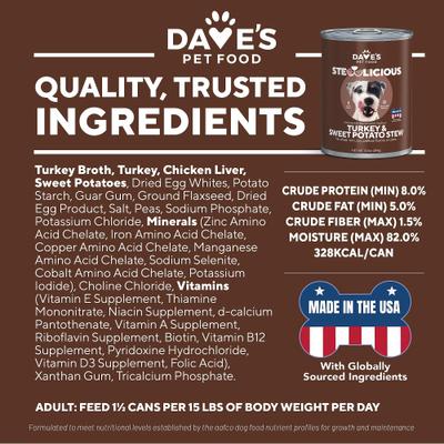 Show full view: Dave's Pet Food Stewlicious Turkey & Sweet Potato Stew, Grain-Free Canned Wet Dog Food, 13.2-oz, case of 12 slide 6 of 10