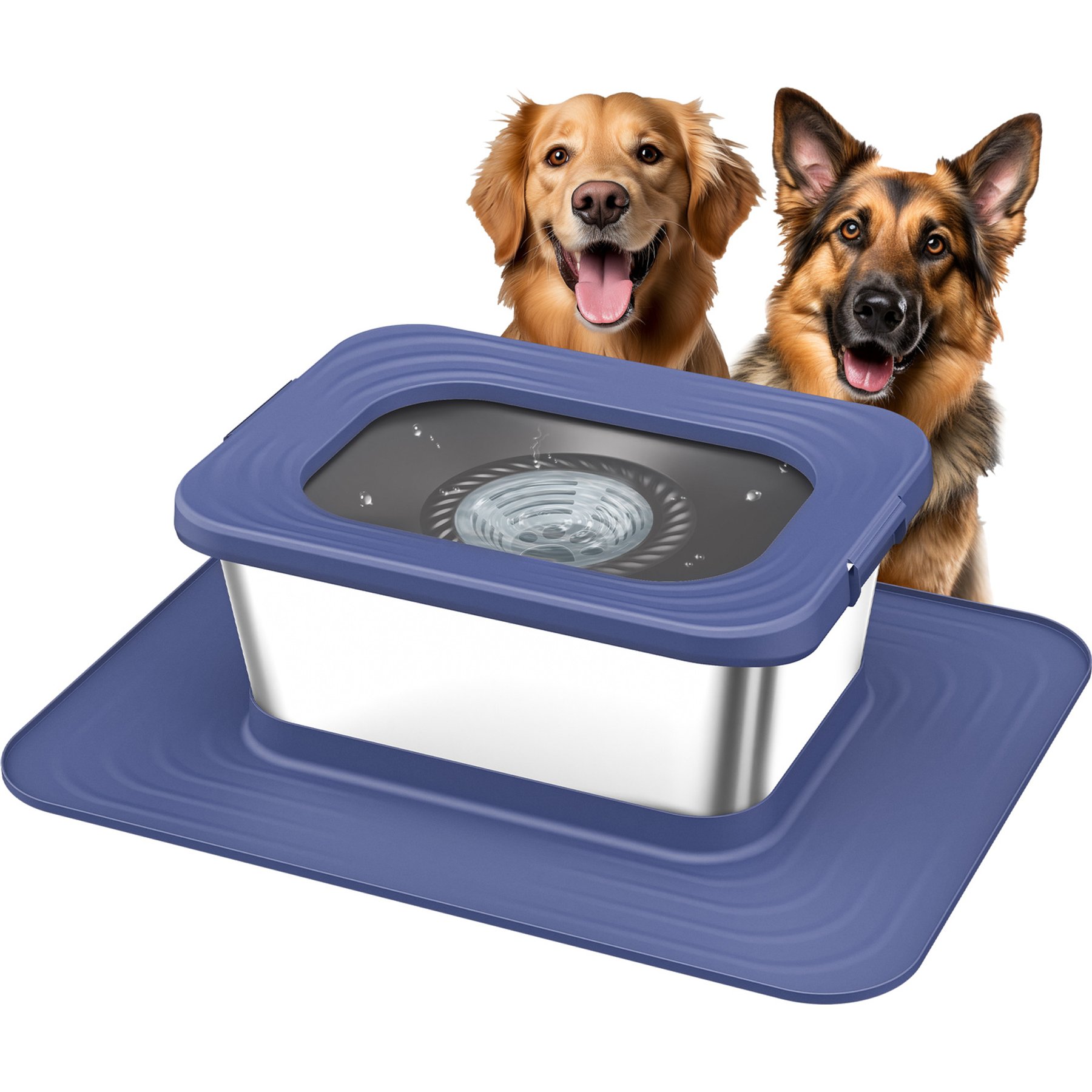 Decflow 10-L Stainless Steel No Spill Anti-Splash Dog Water Bowl with XX-Large Silicone Mat, Blue