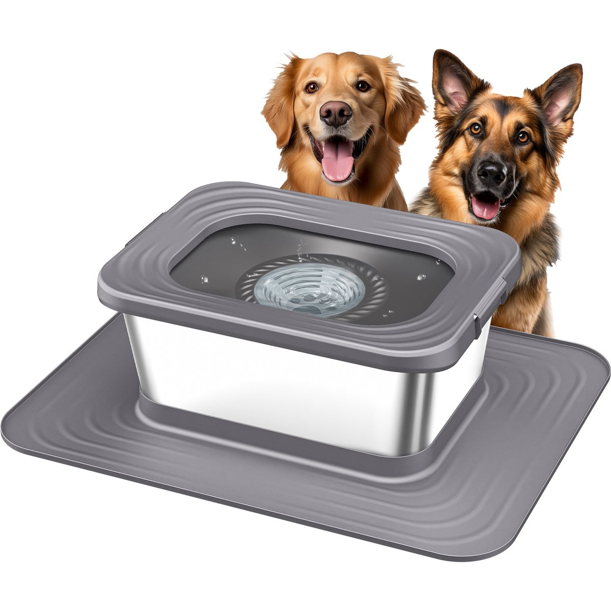 Decflow 10-L Stainless Steel No Spill Anti-Splash Dog Water Bowl with XX-Large Silicone Mat, Grey