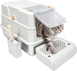 Decflow Enclosed Stainless Steel Cat Litter Box with Lid, Anti-Tracking Pedal & Scoop, White