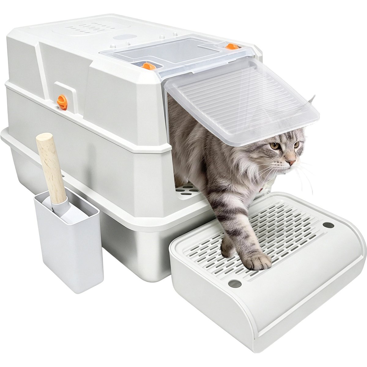 Decflow Enclosed Stainless Steel Cat Litter Box with Lid, Anti-Tracking Pedal & Scoop, White