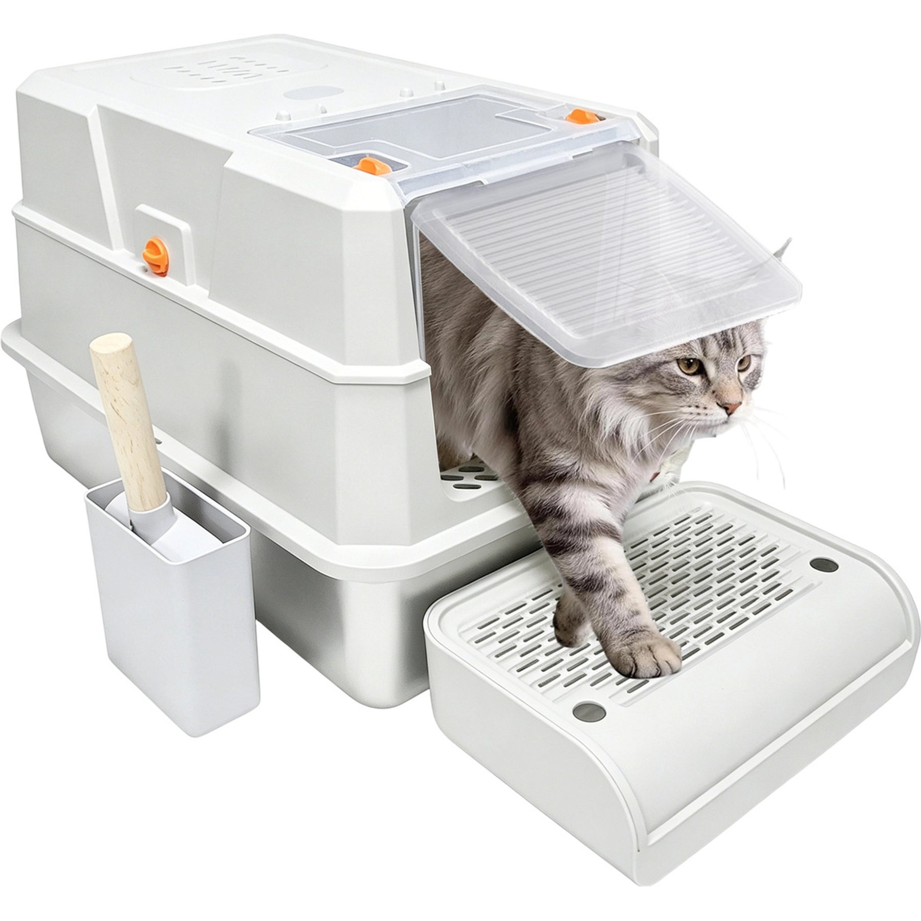 Decflow Enclosed Stainless Steel Cat Litter Box with Lid, Anti-Tracking Pedal & Scoop, White