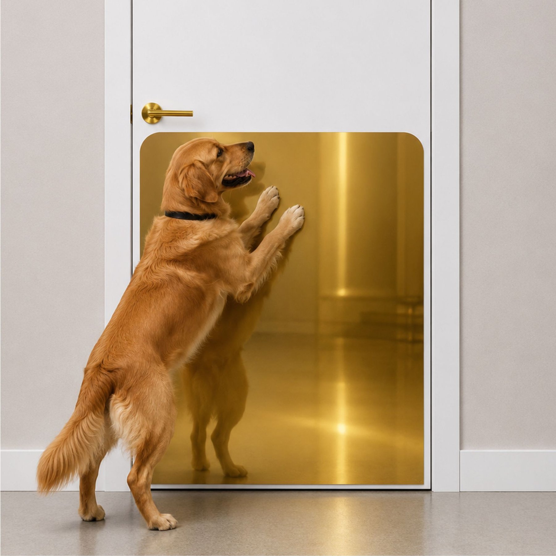 Deck the Door Decor Large Breed Dog Door Scratch Protection Plate, Shiny Brass, Residential Entry Door 30 x 34-in