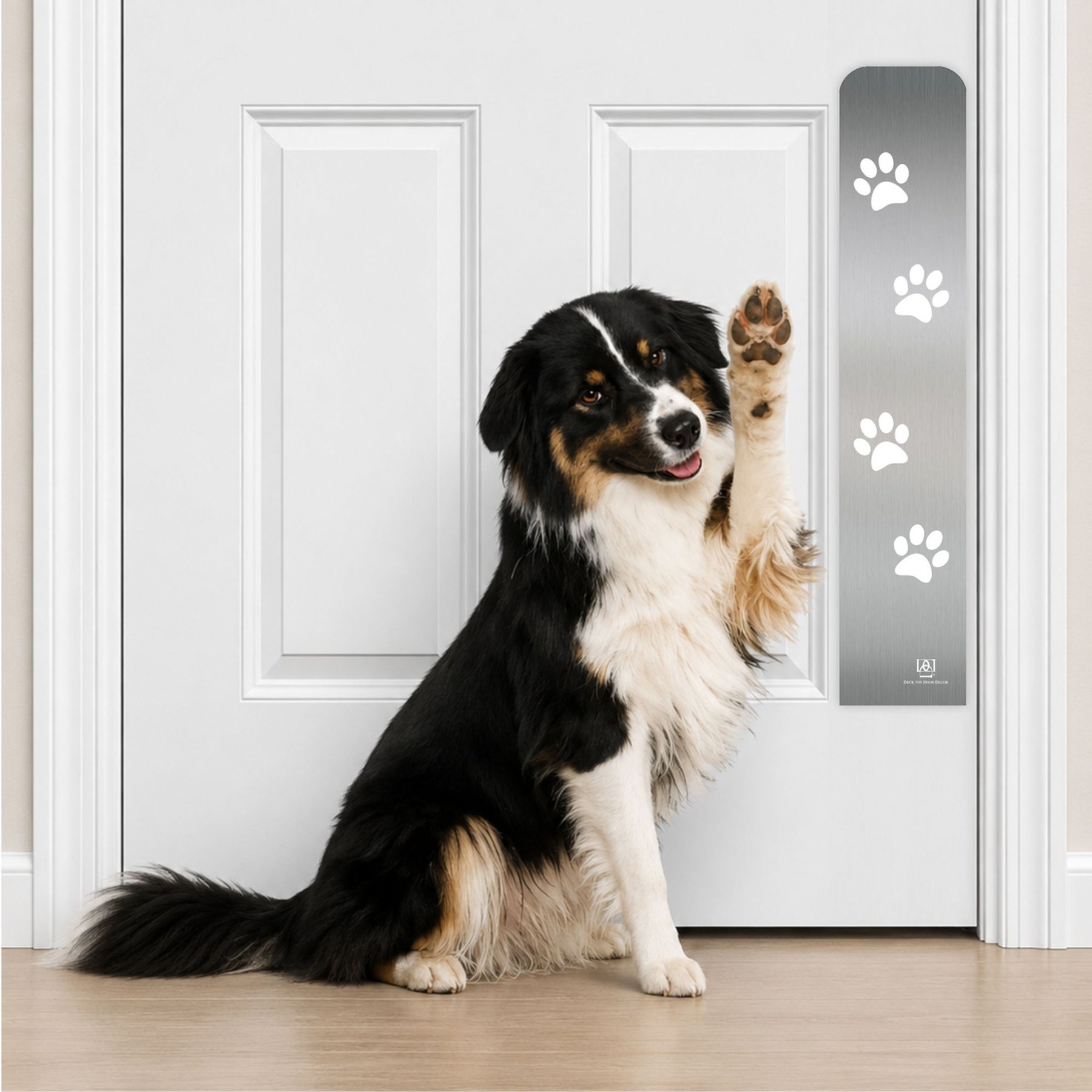 Deck the Door Decor Paw Print Engraved Dog & Cat Door Scratch Protection Plate, Satin Nickel, 4 x 22-in