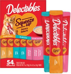 Delectables Squeeze Up Chicken, Tuna, Tuna & Salmon Variety Pack Grain-Free Lickable Cat Treats, 0.5-oz tube, 54 count
