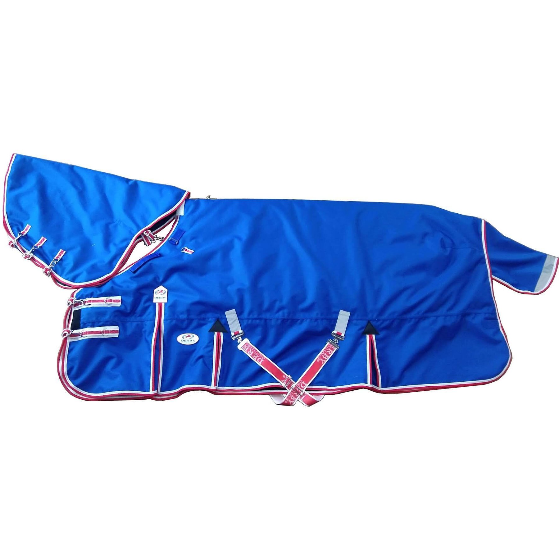 Derby Originals 1200D Ripstop Waterproof Nylon Horse Turnout Blanket & Hood, Navy Blue with Red/White Trim, 64-in