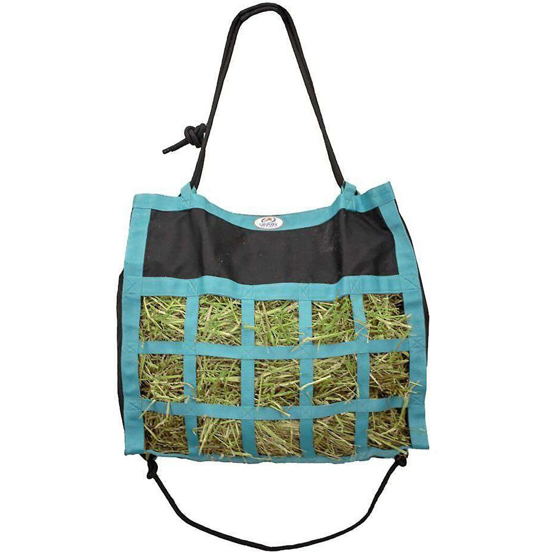 Derby Originals Drawstring Scratchless No Hardware Top Load Horse Hay Bag, Black/Turquoise Trim