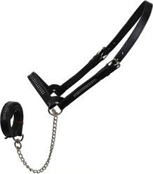 Derby Originals Premium Crystal Bling Rhinestone Inlay Flat Leather Cattle Show Halter & Chain Lead, Black, Small