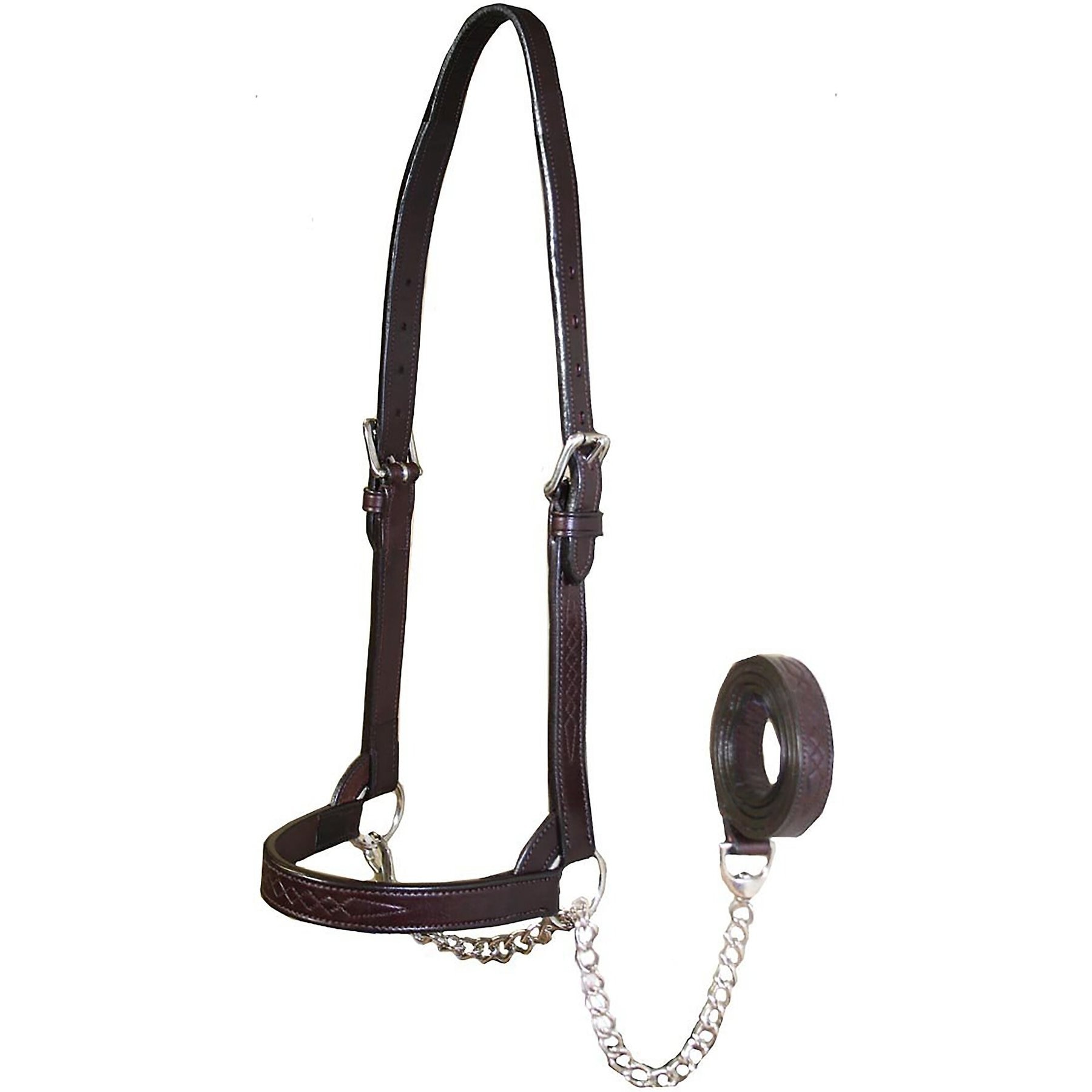 Derby Originals Premium Flat Fancy Stitch Leather Cattle Show Halter & Chain Lead, Havana, Medium