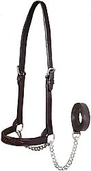 Derby Originals Premium Flat Fancy Stitch Leather Cattle Show Halter & Chain Lead, Havana, Small