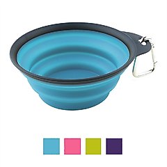 Dexas Popware for Pets Collapsible Travel Non-Skid Silicone Dog & Cat Bowl with Carabiner, Blue, 1-cup