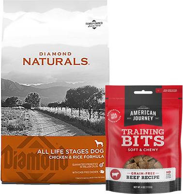 Show full view: Diamond Naturals Chicken & Rice Formula All Life Stages Dry Food + American Journey Beef Recipe Grain-Free Soft & Chewy Training Bits Dog Treats slide 1 of 8