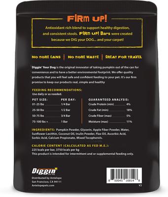 Show full view: Diggin' Your Dog Firm Up! Pumpkin Bars Digestive Aid Dehydrated Dog Treats, 12.6-oz, pack of 6 slide 3 of 6