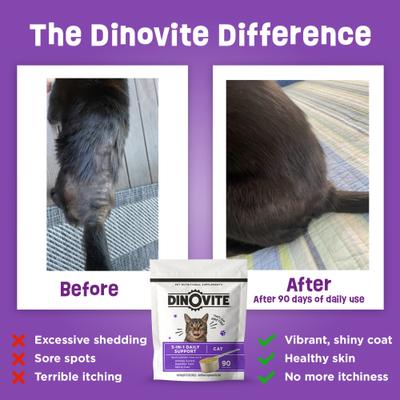 Show full view: Dinovite Gut Health Skin & Coat Immunity Powder Daily 3-in-1 Supplement Meal Topper for Adult Cats, 12.2-oz bag slide 6 of 11