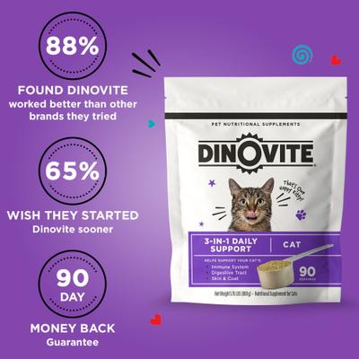 Show full view: Dinovite Gut Health Skin & Coat Immunity Powder Daily 3-in-1 Supplement Meal Topper for Adult Cats, 12.2-oz bag slide 4 of 11
