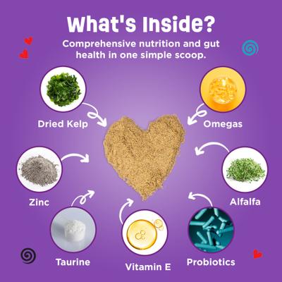 Show full view: Dinovite Gut Health Skin & Coat Immunity Powder Daily 3-in-1 Supplement Meal Topper for Adult Cats, 12.2-oz bag slide 8 of 11