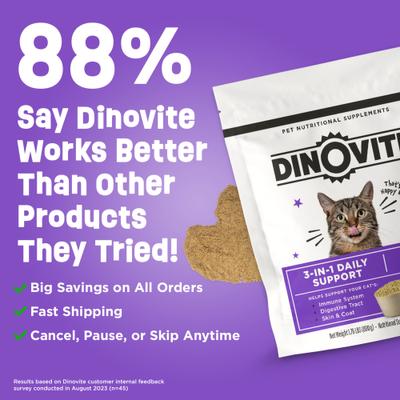 Show full view: Dinovite Gut Health Skin & Coat Immunity Powder Daily 3-in-1 Supplement Meal Topper for Adult Cats, 12.2-oz bag slide 10 of 11