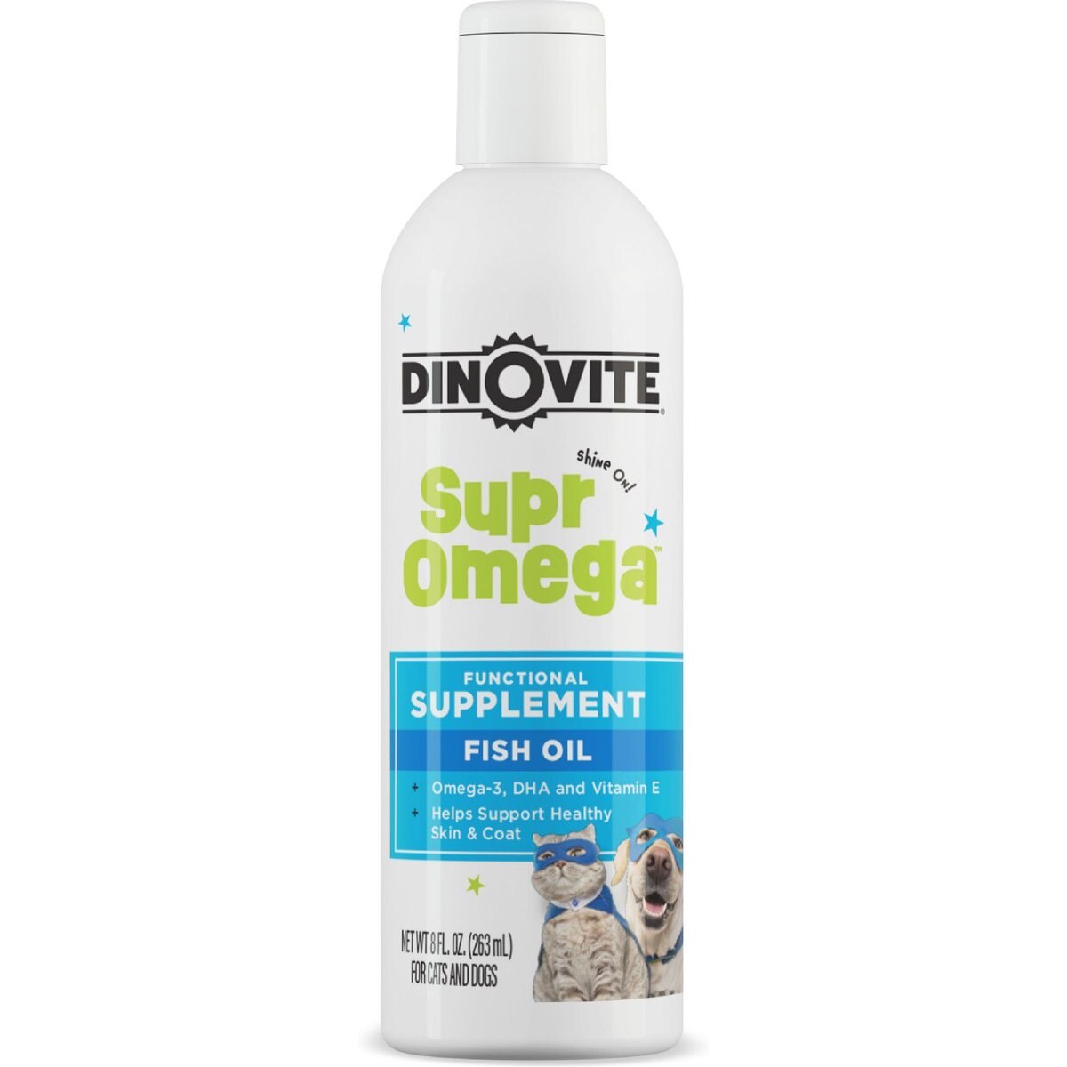 Dinovite SuprOmega Fish Oil Vitamin E & Omega 3 Skin & Coat Liquid Food Topper Supplement for Adult Dogs & Cats, 8-fl oz bottle