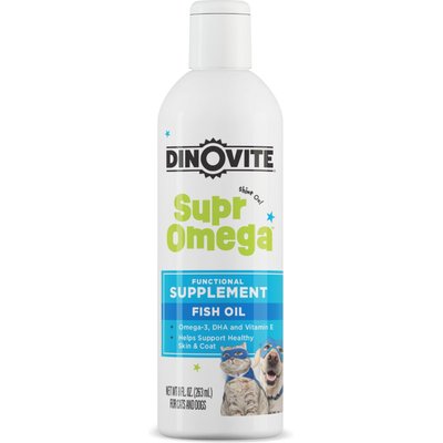 Dinovite Dinovite SuprOmega Fish Oil Vitamin E & Omega 3 Skin & Coat Liquid Food Topper Supplement for Adult Dogs & Cats, 8-fl oz bottle