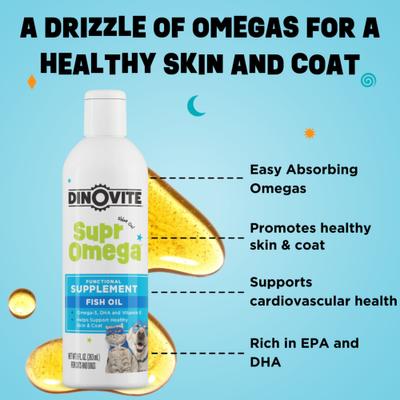 Show full view: Dinovite SuprOmega Fish Oil Vitamin E & Omega 3 Meal Topper Skin & Coat Health Liquid Supplement for Dogs & Cats, 8-fl oz bottle slide 8 of 9