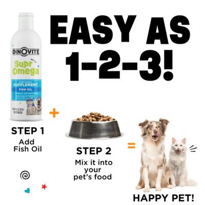 Show full view: Dinovite SuprOmega Fish Oil Vitamin E & Omega 3 Meal Topper Skin & Coat Health Liquid Supplement for Dogs & Cats, 8-fl oz bottle slide 7 of 9