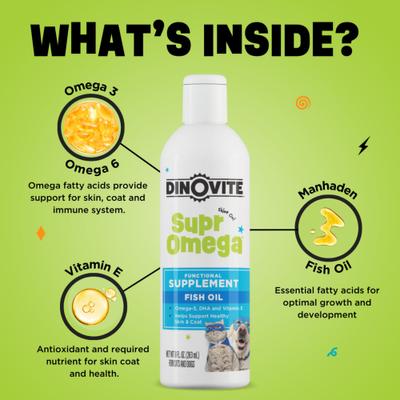 Show full view: Dinovite SuprOmega Fish Oil Vitamin E & Omega 3 Meal Topper Skin & Coat Health Liquid Supplement for Dogs & Cats, 8-fl oz bottle slide 4 of 9