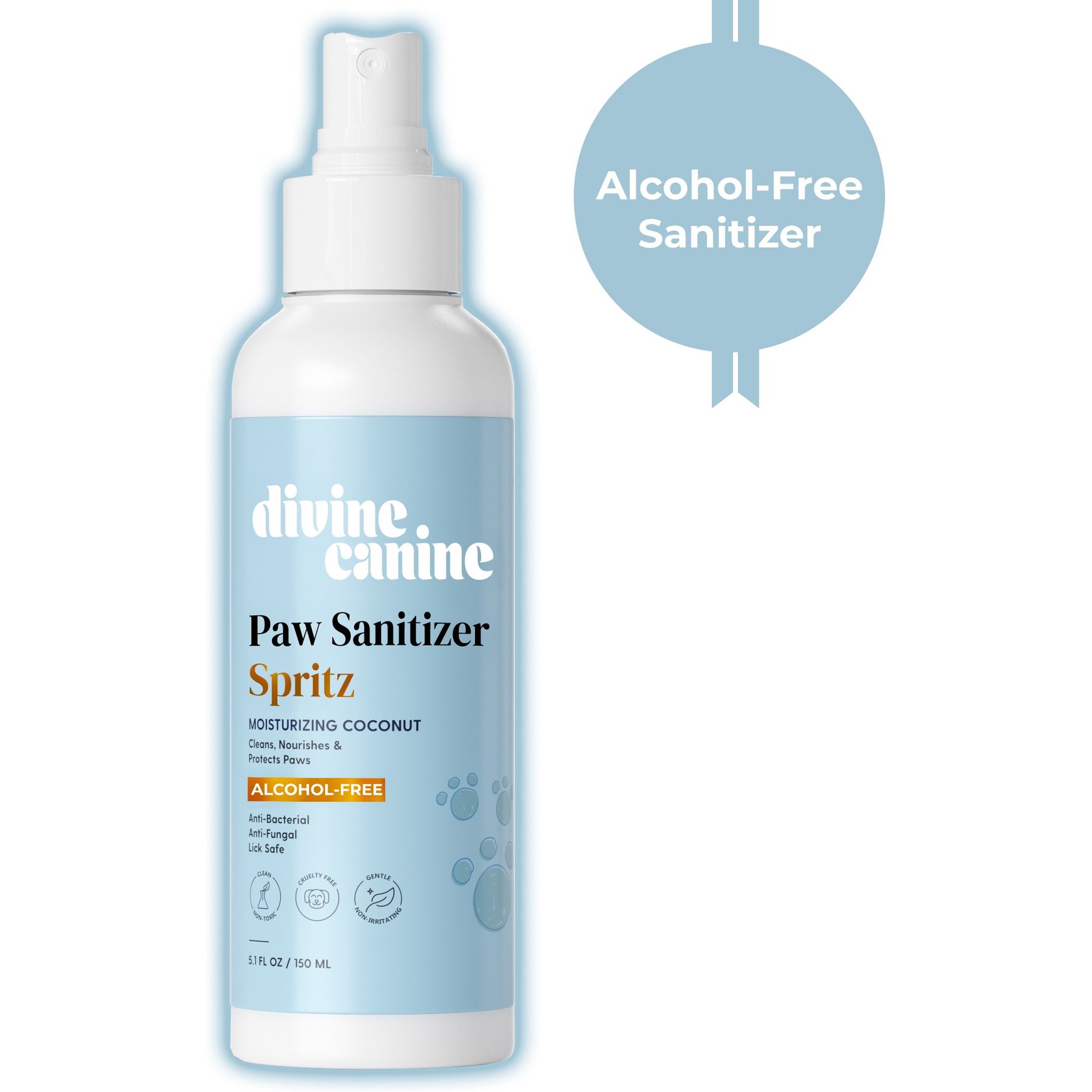 Divine Canine Coconut-Moisturizing Paw Sanitizer Spritz, Anti-Bacterial & Anti-Fungal Alchohol-Free Dog Paw Cleaner, 5.1-fl oz spray
