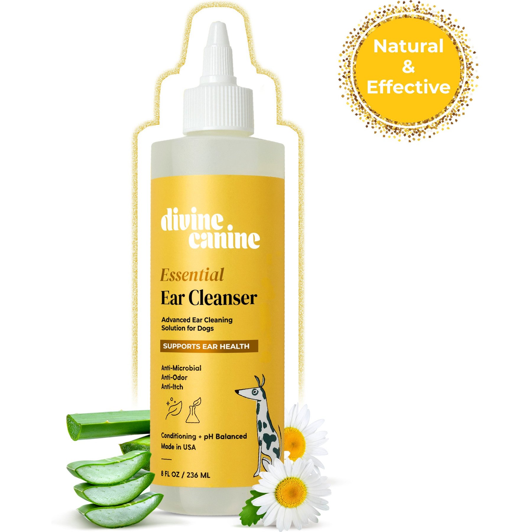 Divine Canine Essential Ear Cleanser, Anti-Microbial & Anti-Odor Solution Dog Ear Cleaner, 8-fl oz bottle