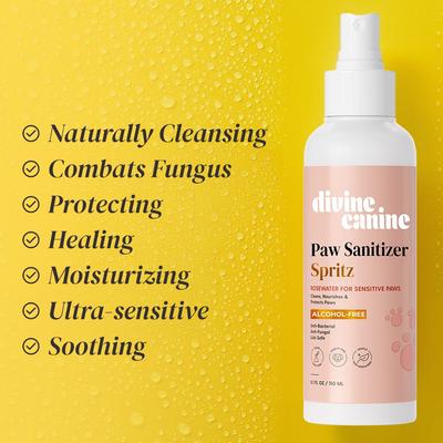 Show full view: Divine Canine Rosewater-Infused Paw Sanitizer Spritz, Anti-Bacterial & Anti-Fungal Alchohol-Free Dog Paw Cleaner, 5.1-fl oz spray slide 3 of 9