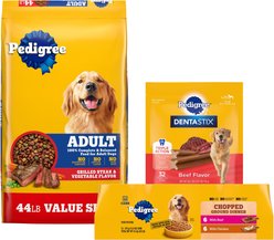 Dog Food & Treats Starter Pack - Pedigree Steak & Vegetable Dry Food, Beef & Chicken Canned Food, Beef Dental Treats